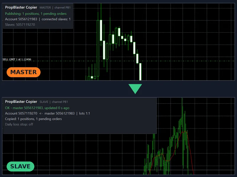 Master and slave MT5 charts: a position and a pending order copied within a second